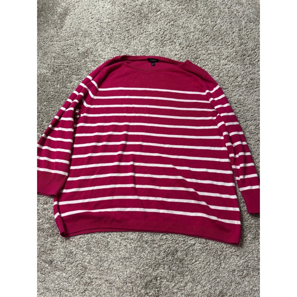 Talbots Raspberry Pink White Striped Bateau Neck Button Cuff Sweater XL